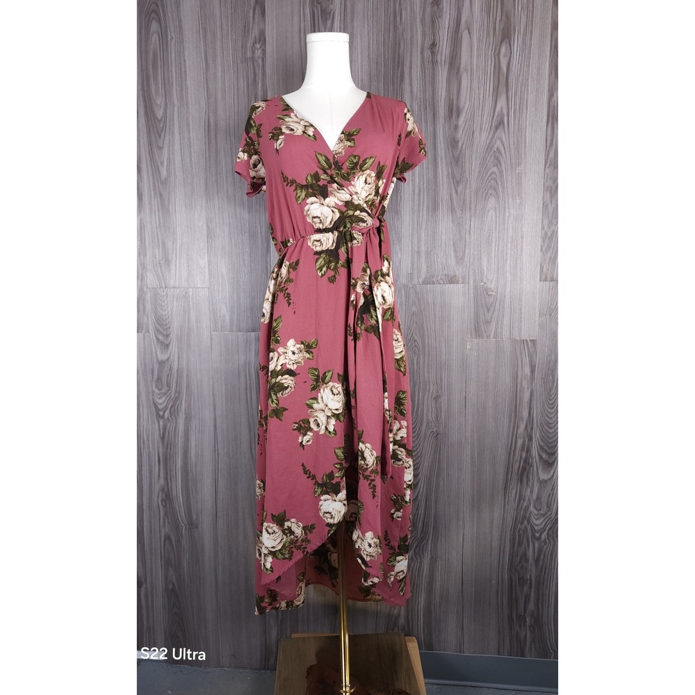 Scobe Womens Pink Floral Faux Wrap High Low Maxi Dress Medium D8559-A Made in US